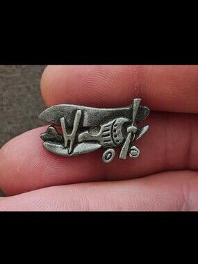 1970s Signed AJR Company Pewter Biplane Airplane Brooch Pin